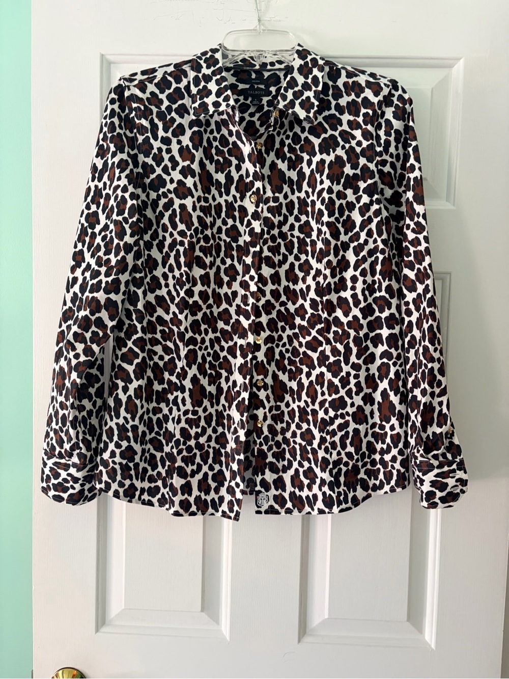 Talbots Leopard Print Button-Down Shirt in Brown and Black on White